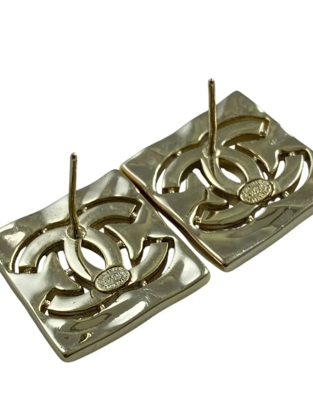 Chanel Earrings CC Logo Square Rhinestone Champagne Gold
